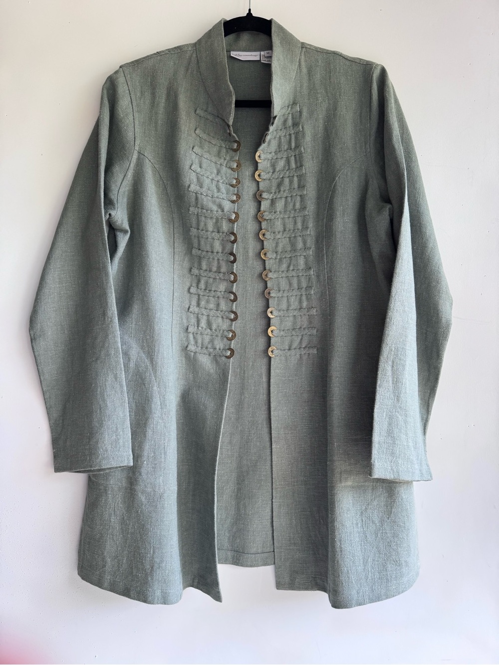 Soft Surroundings M 100% Ramie Sage Green Long Jacket Tunic Lagenlook Military